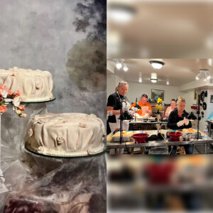 Three-tier cakes and people in kitchen.