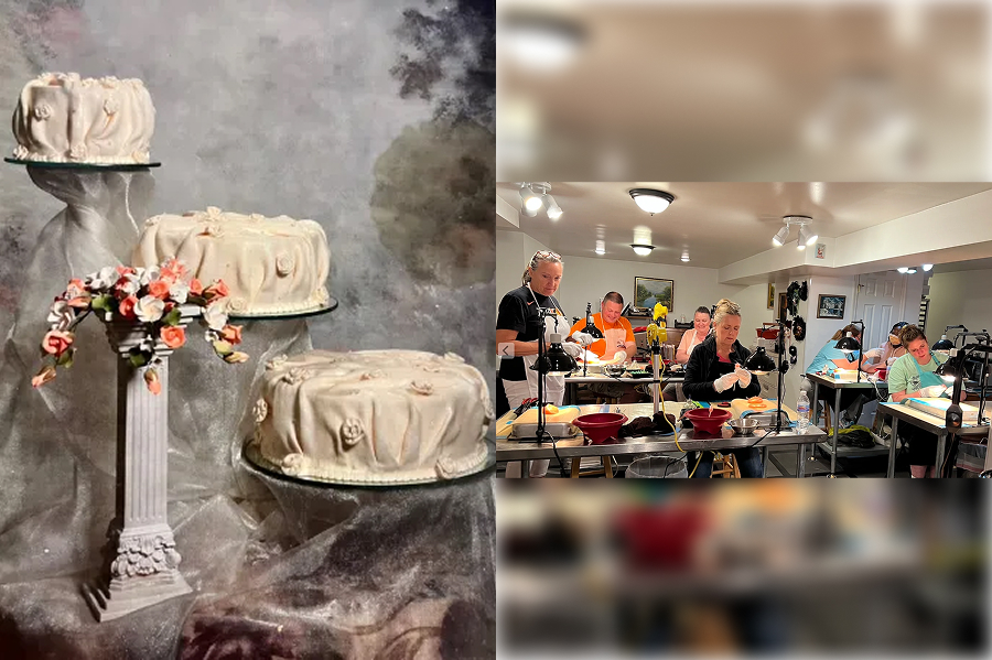 Three-tier cakes and people in kitchen.
